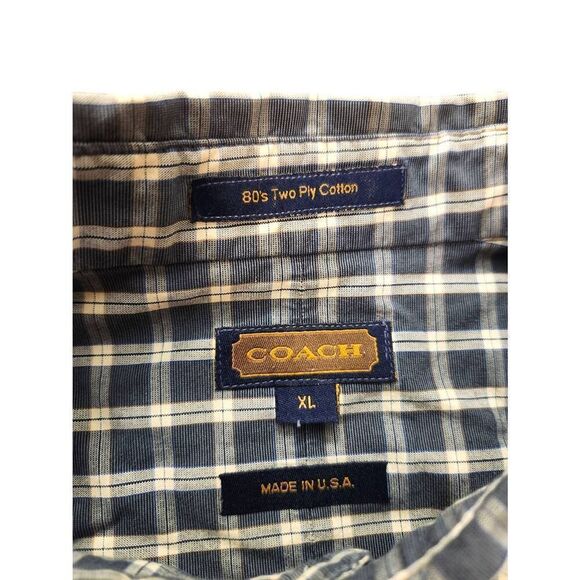 Coach Men XL Made IN USA 80s 2 ply cotton button up plaid Shirt Blue/Grey pocket - Picture 3 of 8